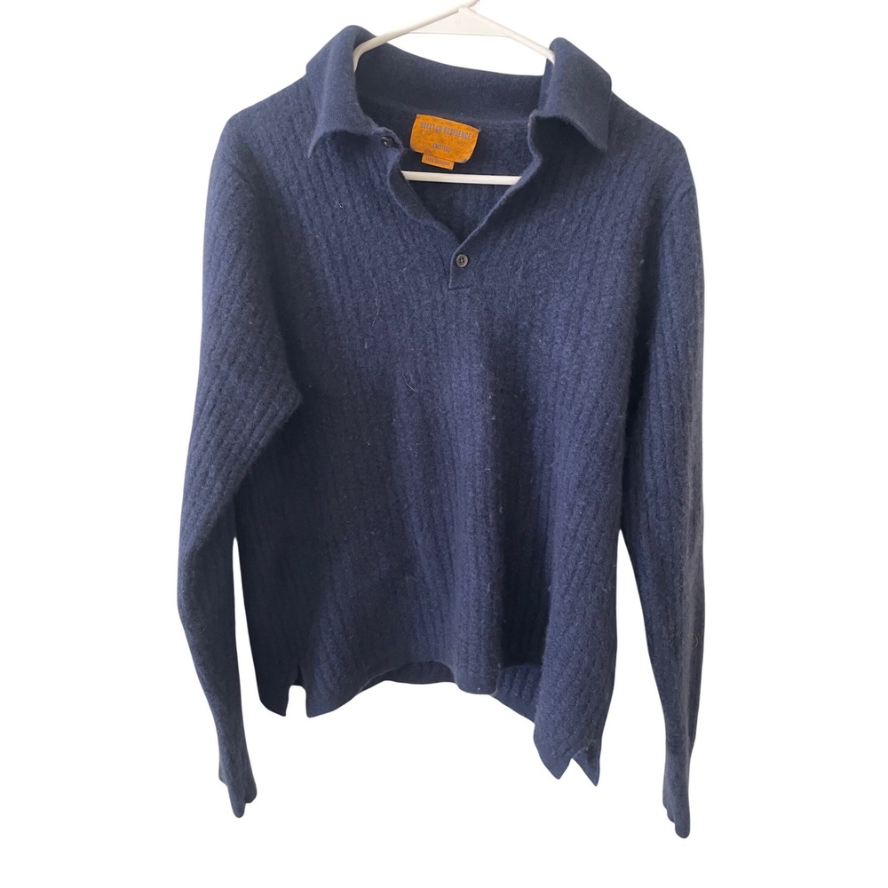 Guest In Residence 100% Cashmere Navy Blue Ribbed Polo Sweater Mens XL Knitters
